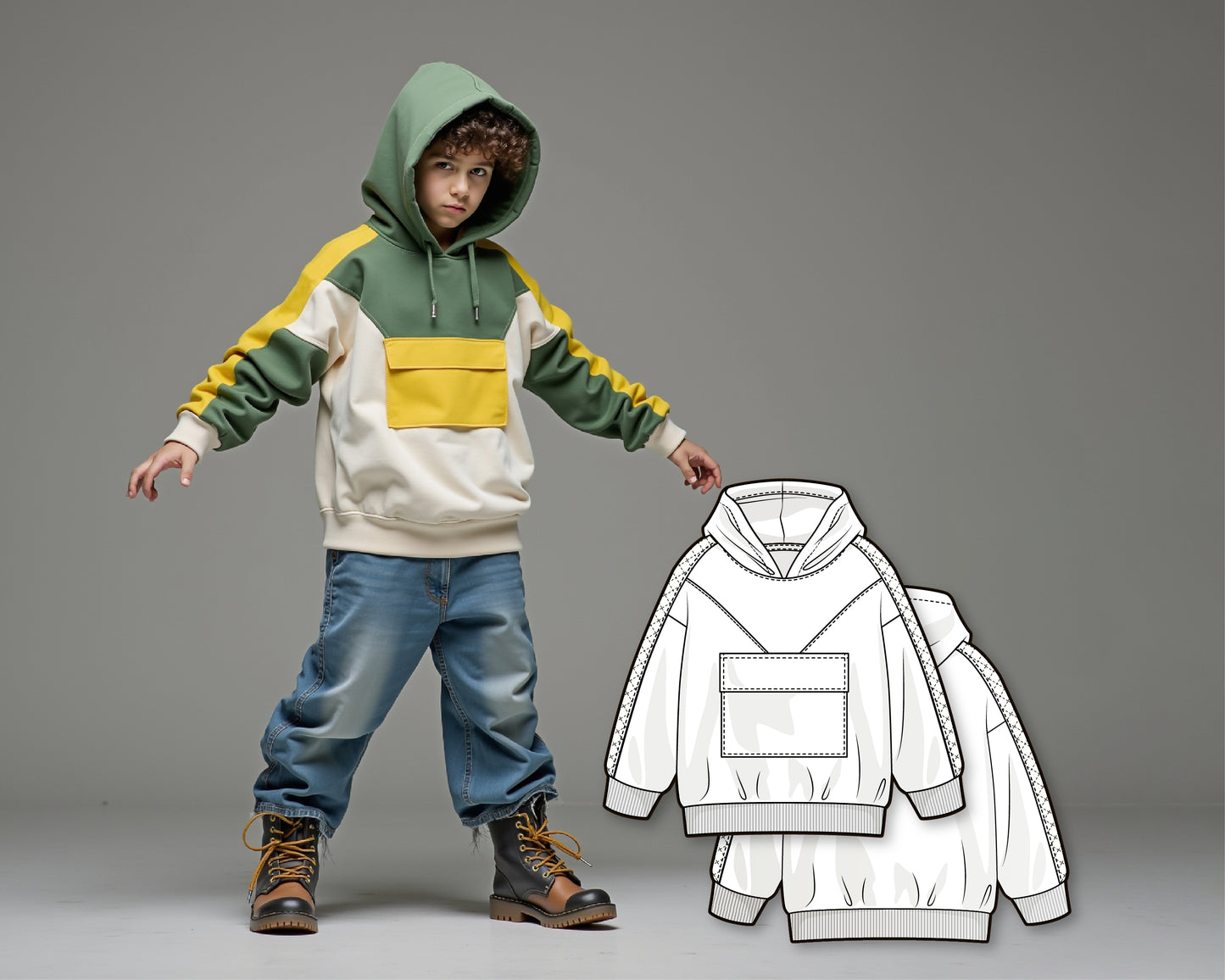 Oversize hoodie for boys and girls with triangle front yoke and flap pocket - PDF sewing pattern for kids - age 1-10 years