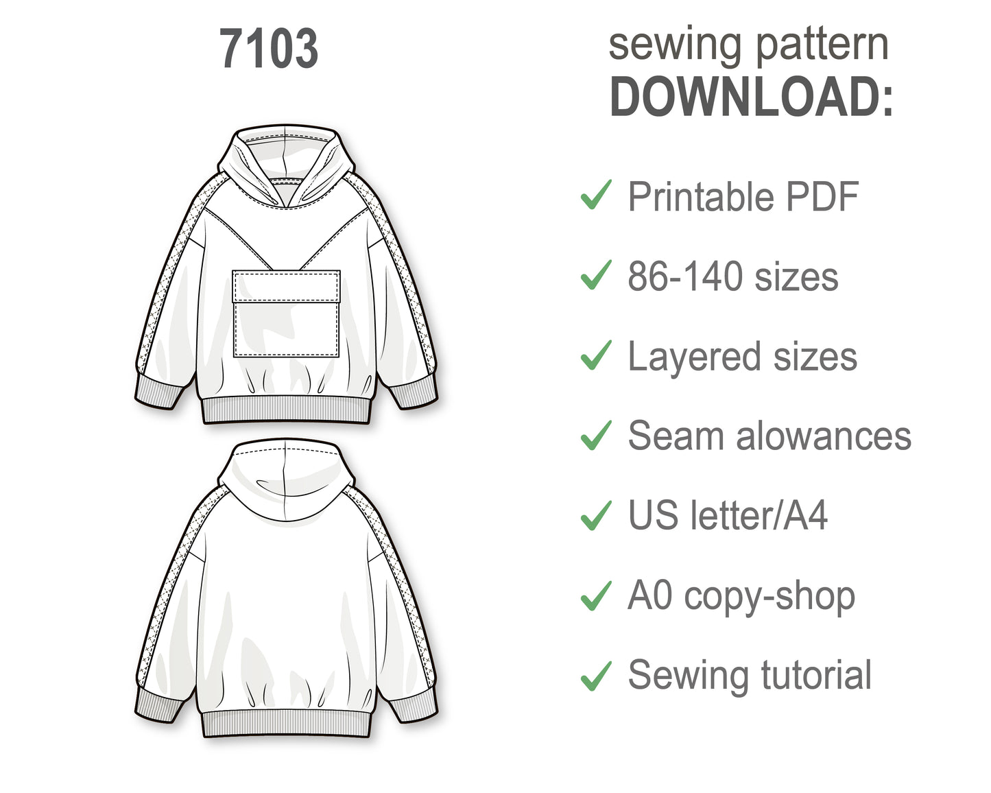 Oversize hoodie for boys and girls with triangle front yoke and flap pocket - PDF sewing pattern for kids - age 1-10 years