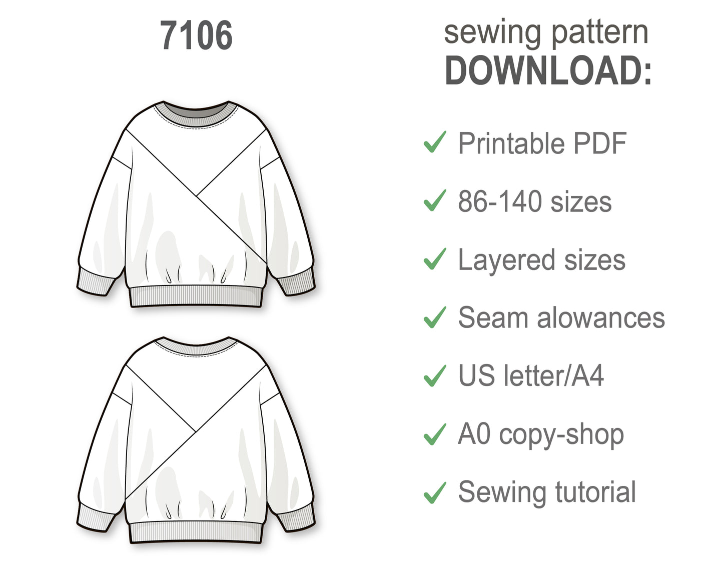 Color blocked sweatshirt with long sleeve and round neckline - PDF sewing pattern for girls and boys - age 1-10 years