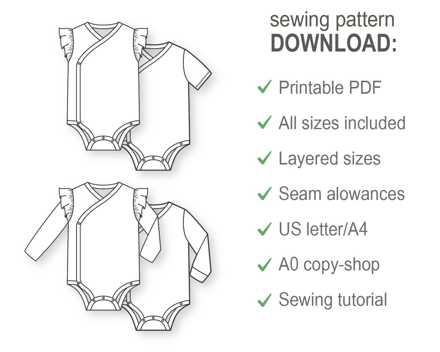 Baby girl or boy romper/bodysuit/onesie with flutter sleeve, long and short sleeve