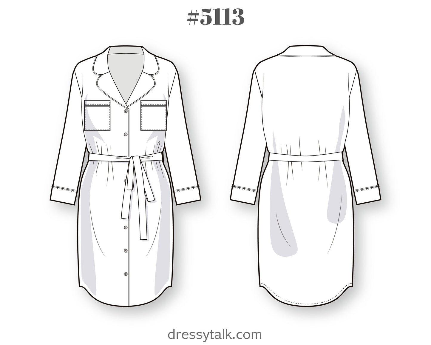 Button-down nightgown robe with cuffed long sleeve and optional belt - PDF sewing pattern for women