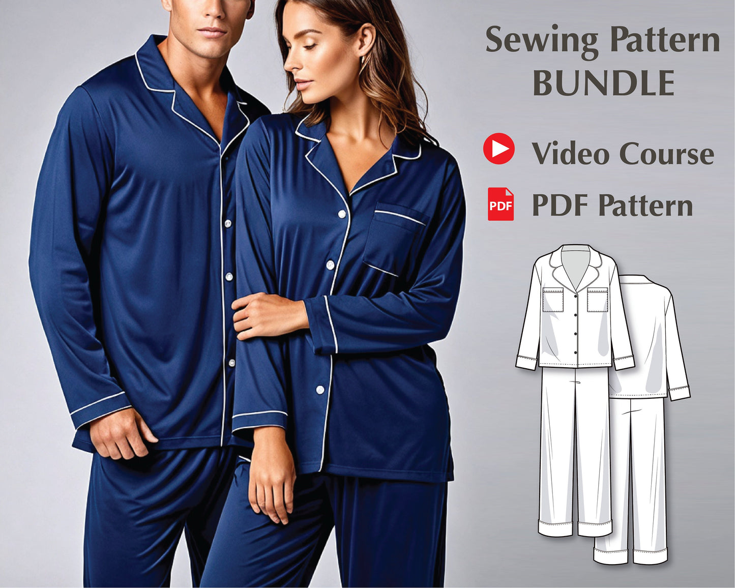 Pattern Sewing PDF Bundle - Pajama Set Sewing Patterns for Men and Women - Easy to Sew for Beginners PJ Pattern PDF - Video Sewing Tutorial