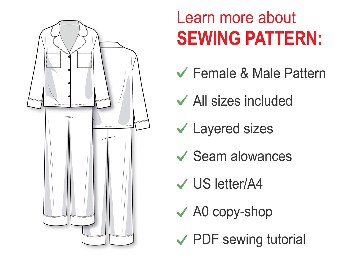 Pattern Sewing PDF Bundle - Pajama Set Sewing Patterns for Men and Women - Easy to Sew for Beginners PJ Pattern PDF - Video Sewing Tutorial