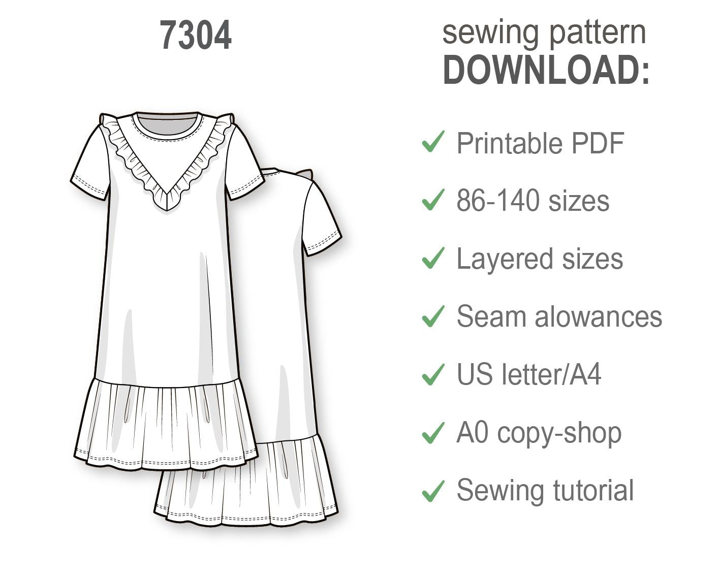 Girls Midi Dress PDF Sewing Pattern, Short Sleeve A-Line T-Shirt Dress with Ruffle Hem and Frill Yoke, Easy DIY Beginner Pattern