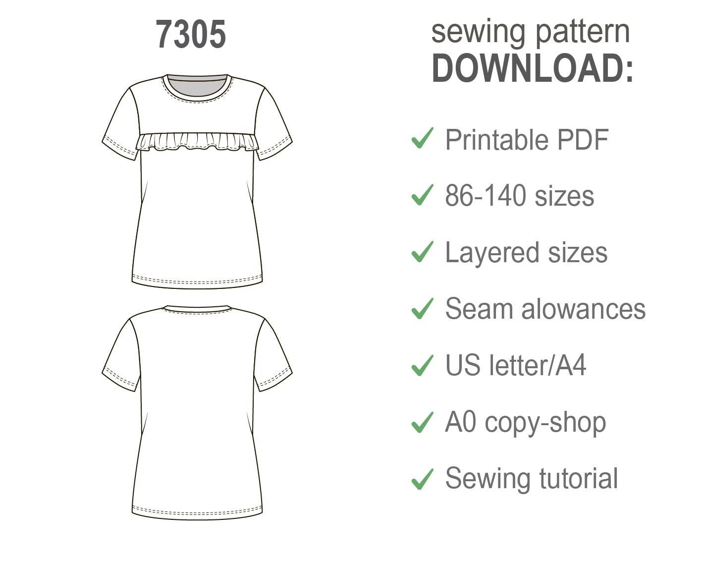 Kids T-Shirt Sewing Pattern, Ruffle Short Sleeve Top PDF, Beginner DIY Sewing Pattern, Printable Frill Shirt for Girls