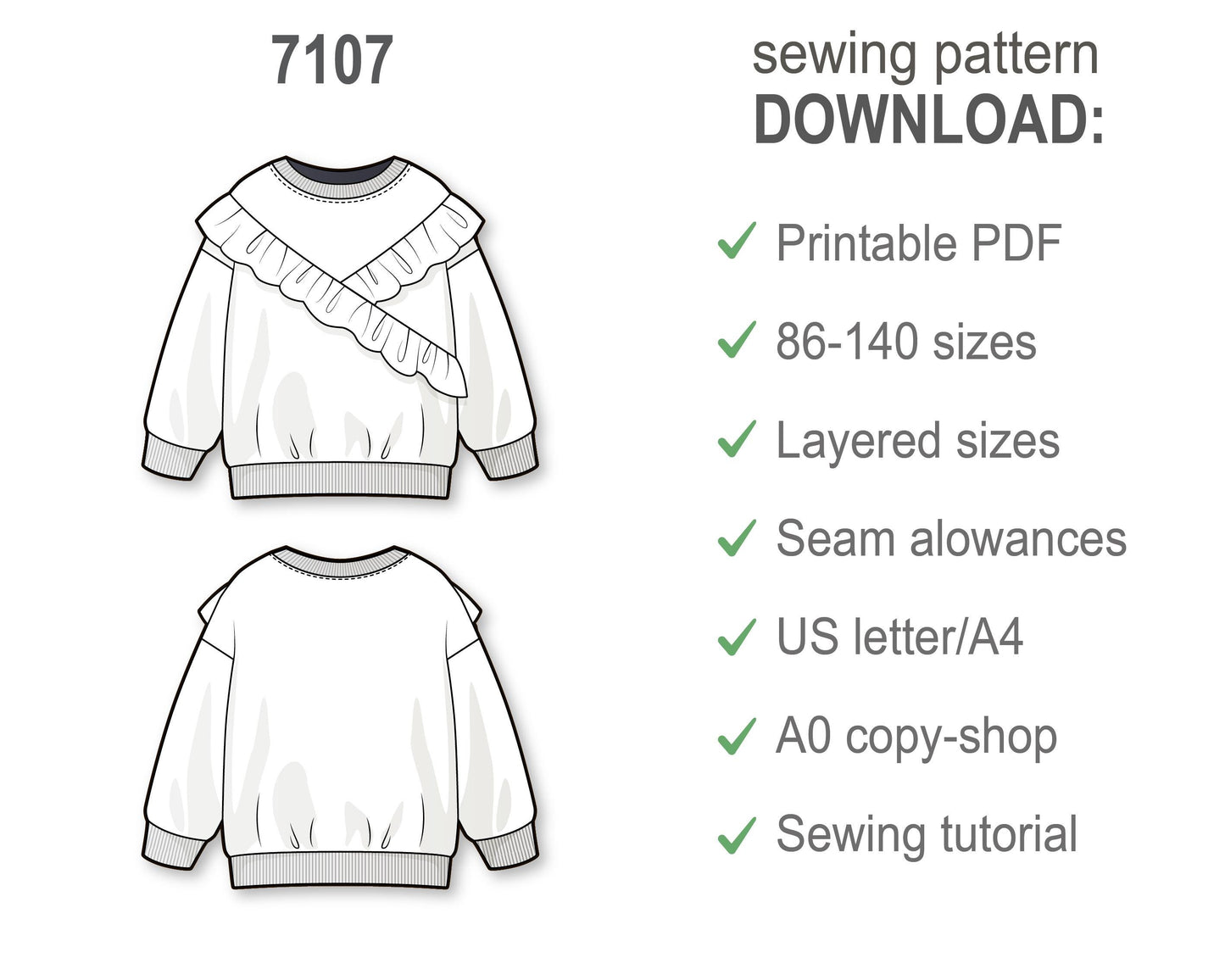 Girls Ruffled Sweatshirt PDF Sewing Pattern, DIY Loose Fit Pullover Top with Frill, Beginner-Friendly Printable Jumper for Kids