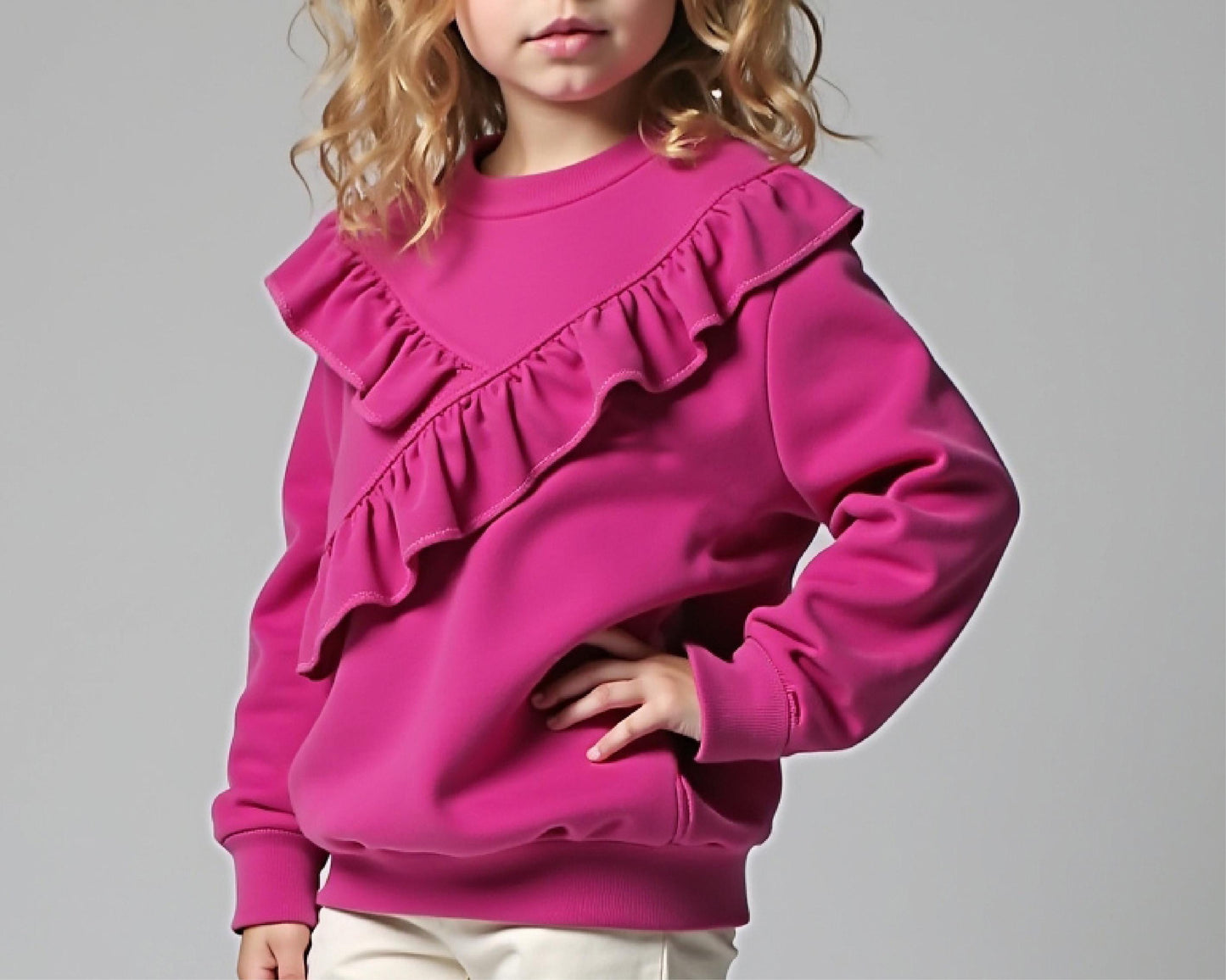 Girls Ruffled Sweatshirt PDF Sewing Pattern, DIY Loose Fit Pullover Top with Frill, Beginner-Friendly Printable Jumper for Kids