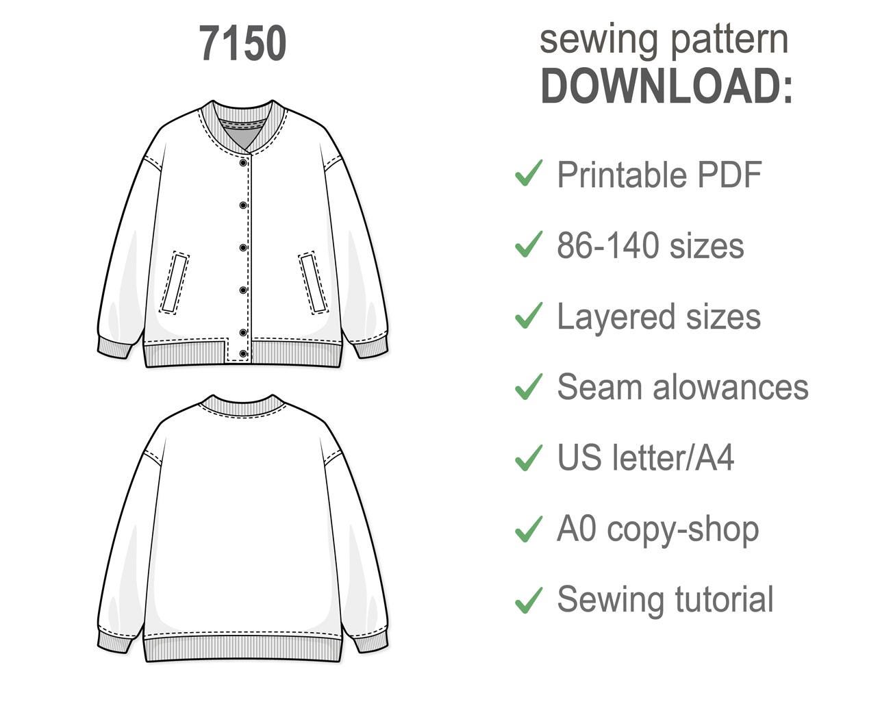Girls Bomber Jacket Sewing Pattern PDF, Beginner Jacket Pattern for Kids, Easy Digital Sewing Pattern, Printable PDF Download