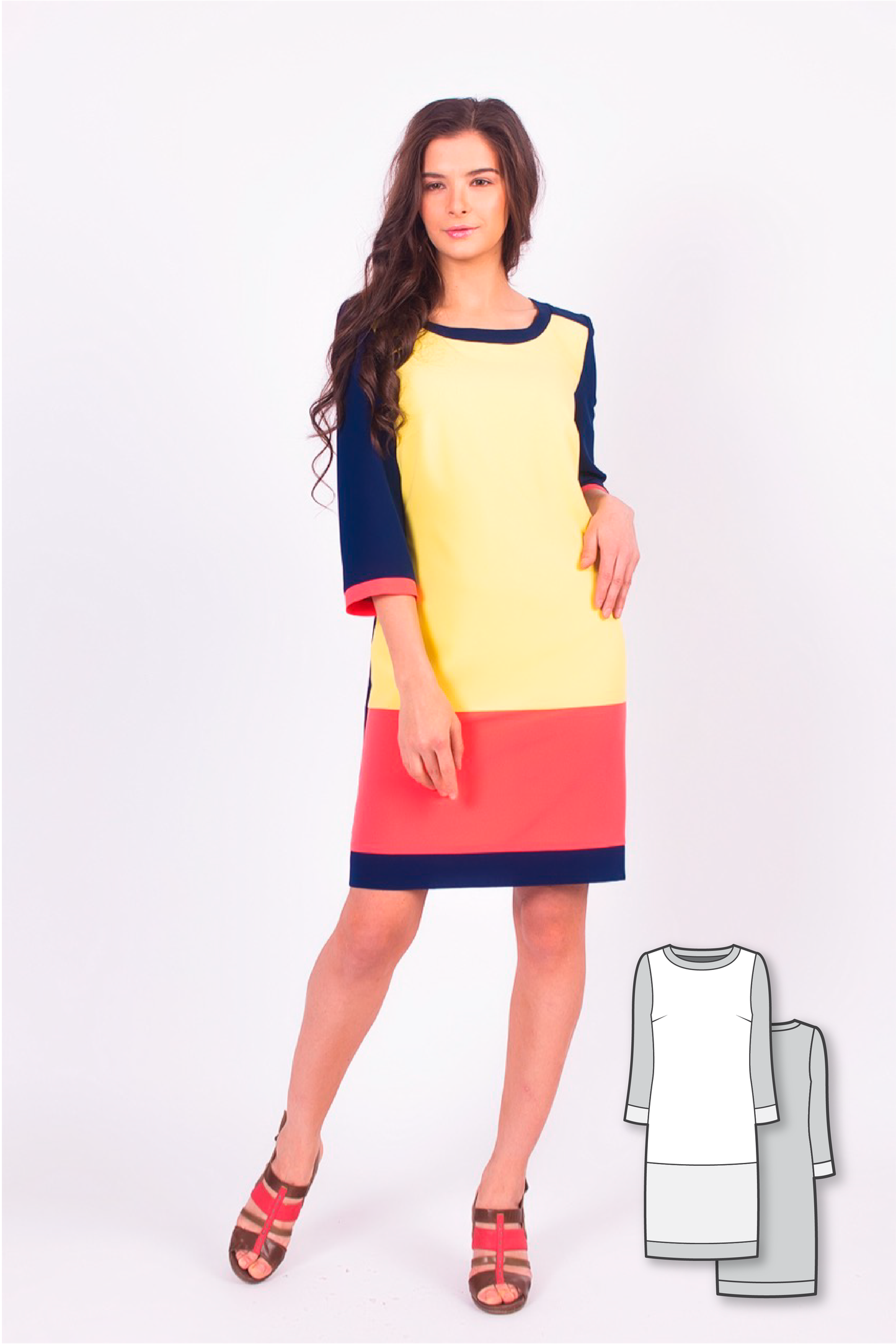 Color Blocked 3/4 Length Sleeve Dress #2103