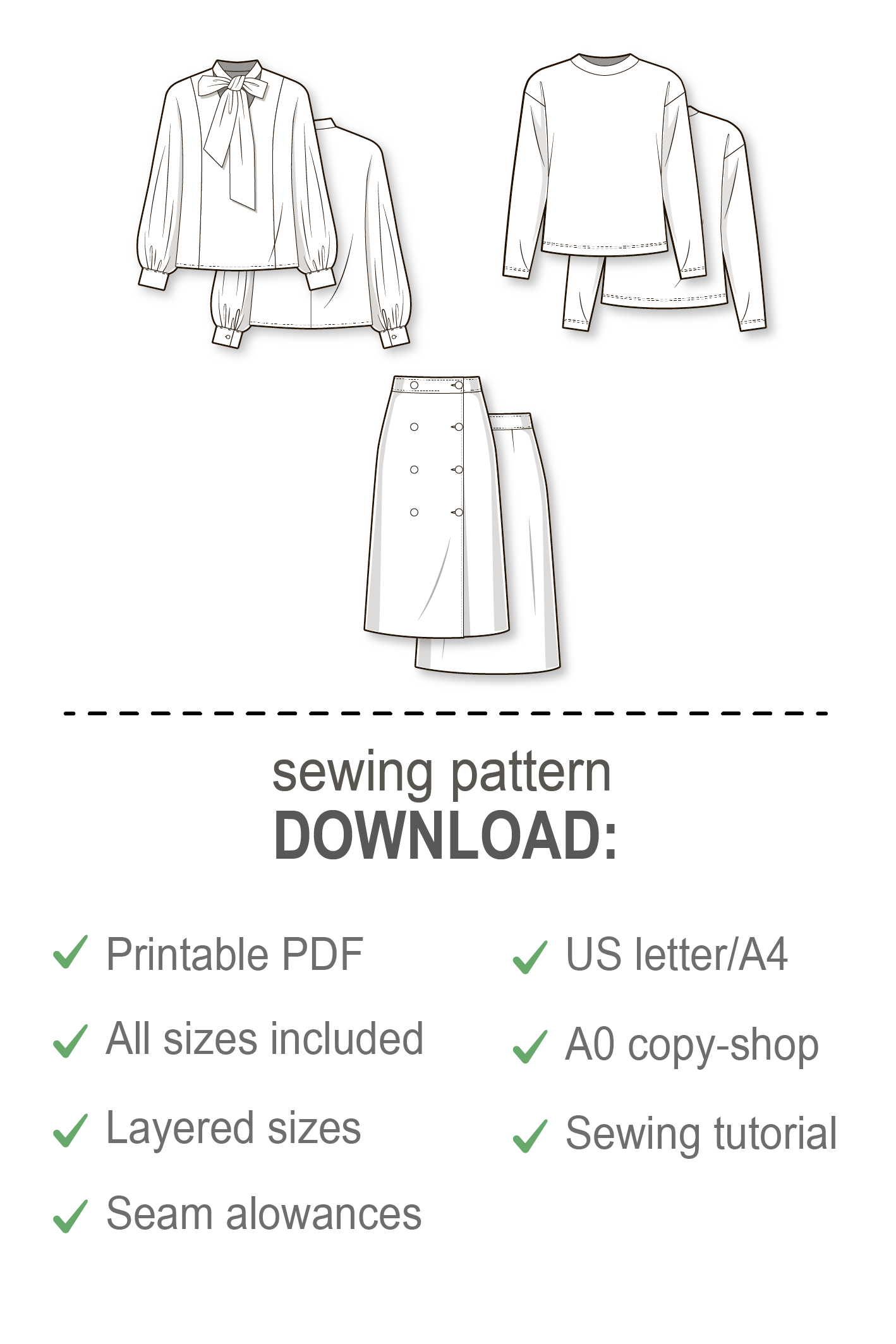 Capsule pattern: puff long sleeve blouse, A-line double breast skirt, drop shoulder sweatshirt