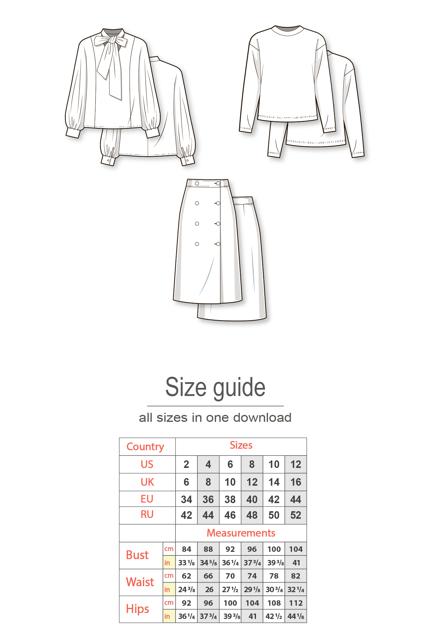Capsule pattern: puff long sleeve blouse, A-line double breast skirt, drop shoulder sweatshirt