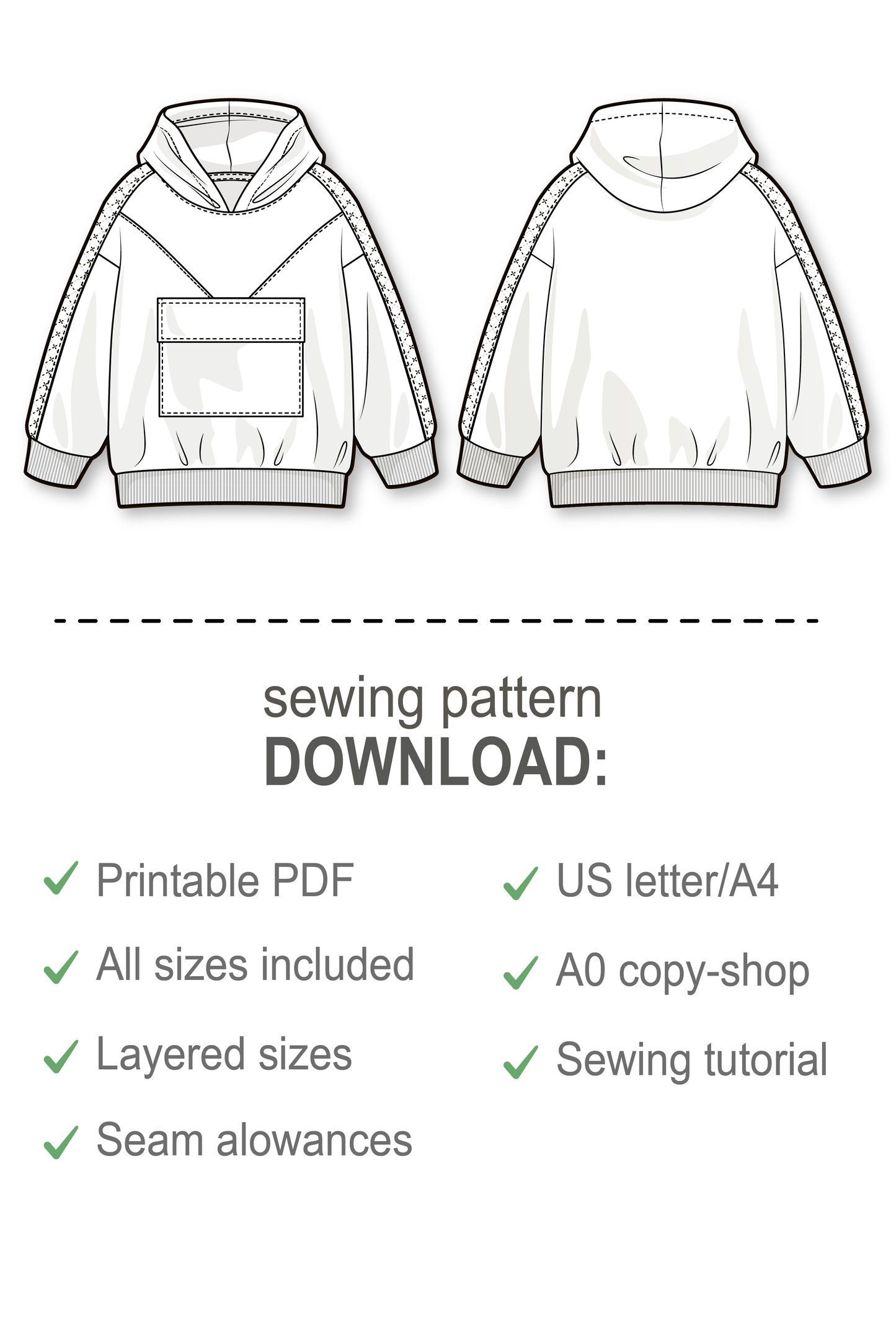 Oversize hoodie for boys and girls with triangle front yoke and flap pocket - PDF sewing pattern for kids - age 1-10 years