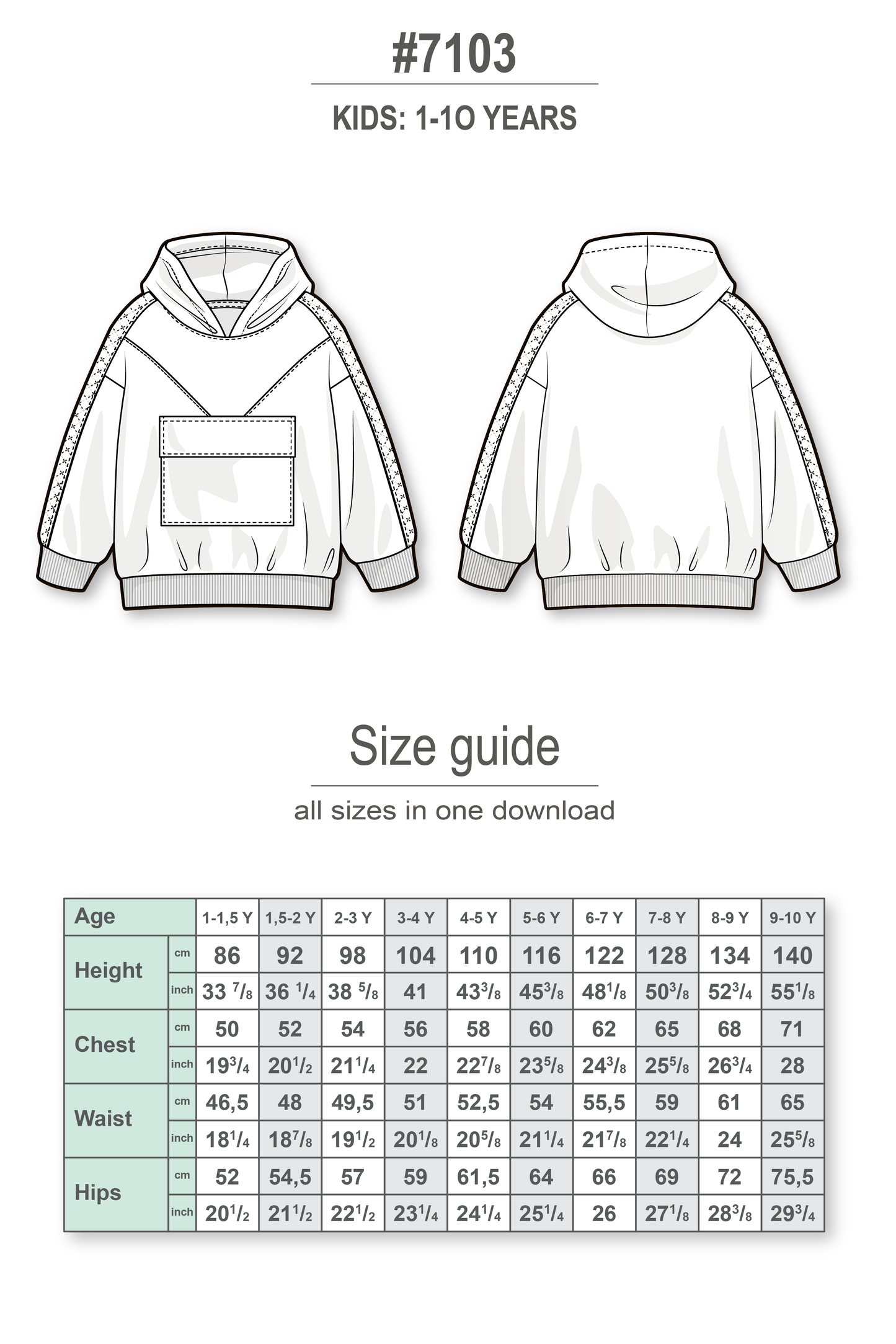 Oversize hoodie for boys and girls with triangle front yoke and flap pocket - PDF sewing pattern for kids - age 1-10 years