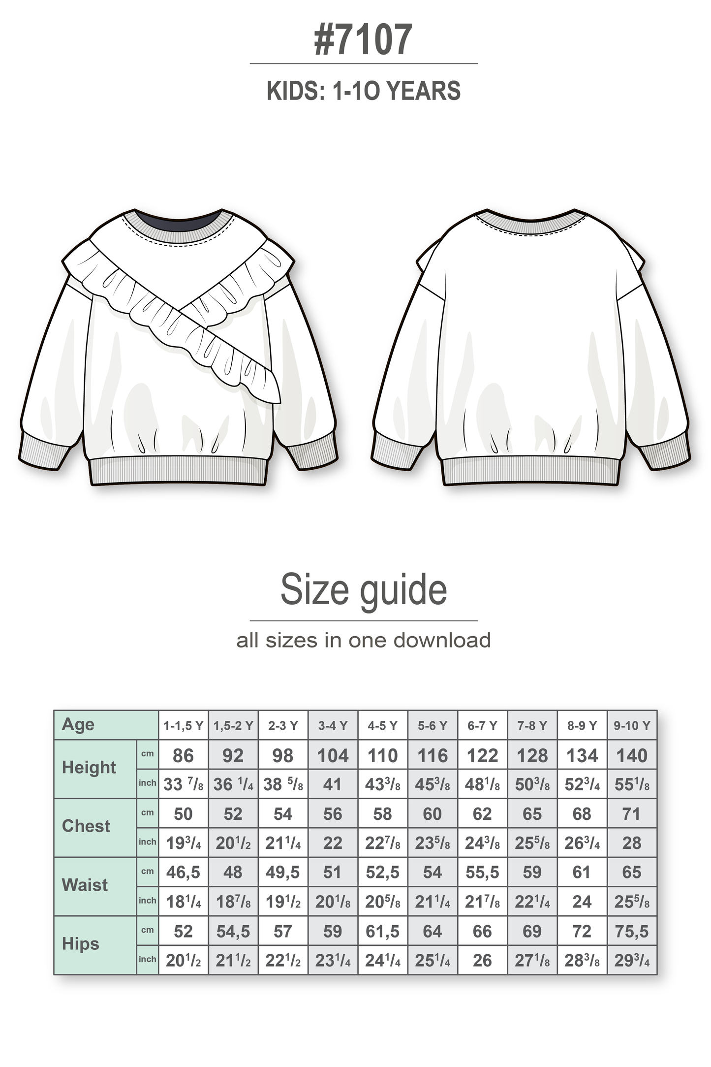 Ruffled asymmetrical sweatshirt - PDF sewing pattern for girls and baby girls - age 1-10 years
