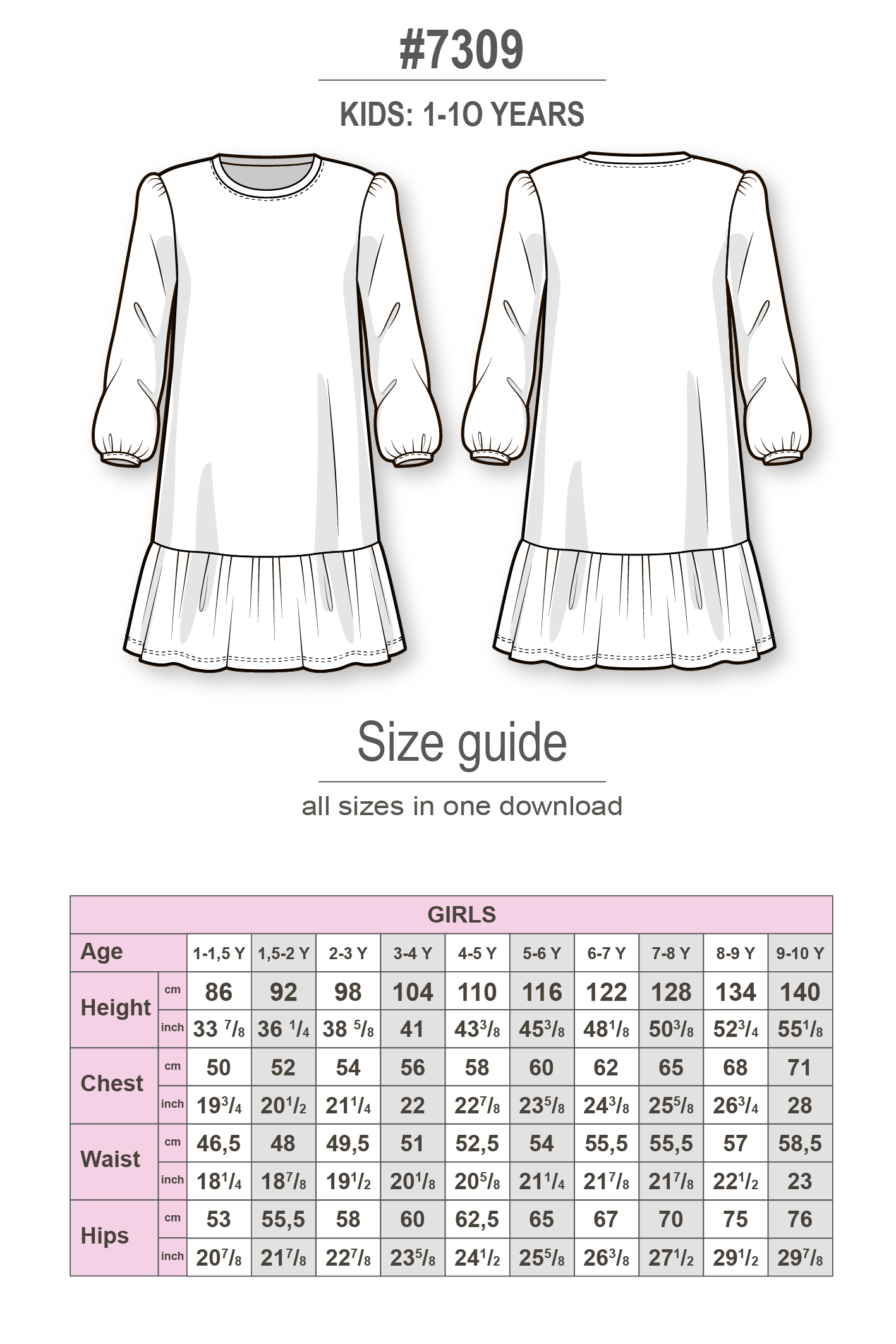 Long sleeve knit midi dress with round crew neck and bottom ruffle - PDF sewing pattern for girls - age 1-10 years