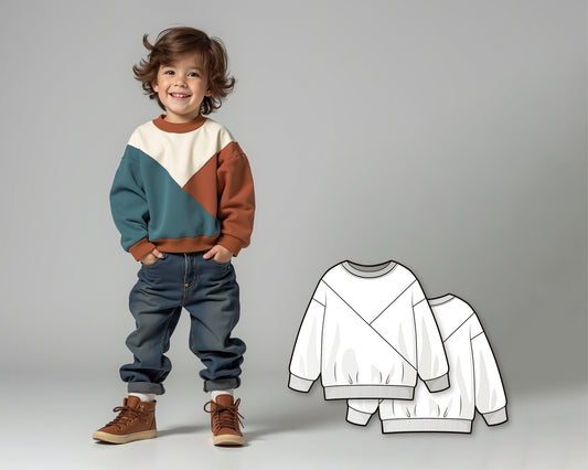 Color blocked sweatshirt with long sleeve and round neckline - PDF sewing pattern for girls and boys - age 1-10 years