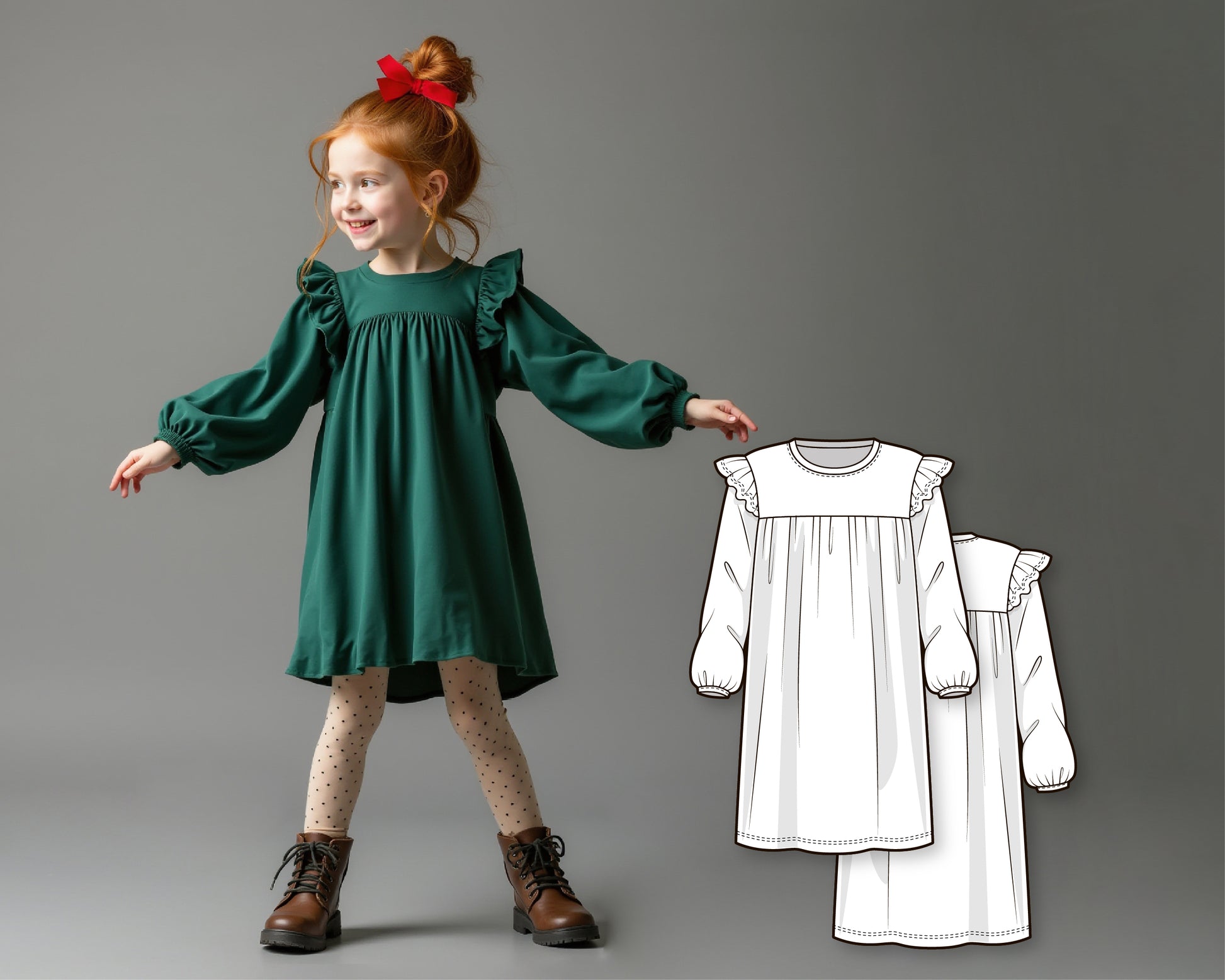 Girls A-Line Dress Sewing Pattern, DIY Long Puffed Sleeve Dress, Tiere Dressy Talk Girls A-Line Dress Sewing Pattern, DIY Long Puffed Sleeve Dress, Tiere Dressy Talk