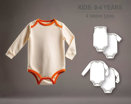Baby girl or boy romper/bodysuit/onesie with 4 sleeve types, long, long cuffed, short sleeve, sleeveless - Baby knit PDF sewing pattern