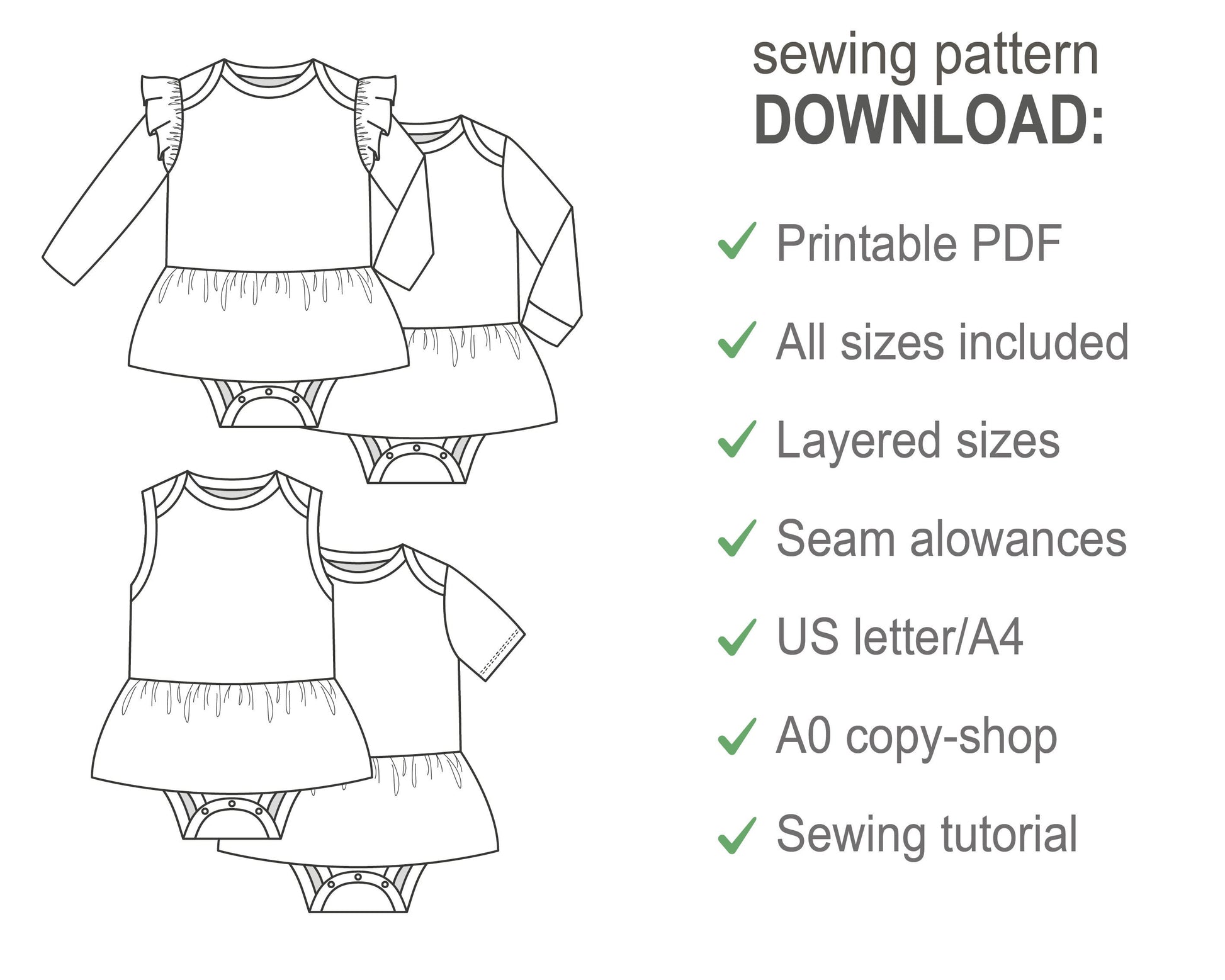 Baby girl or boy romper/bodysuit/onesie with flutter sleeve ruffle and skirt, long and short sleeve - Baby knit clothes PDF sewing pattern