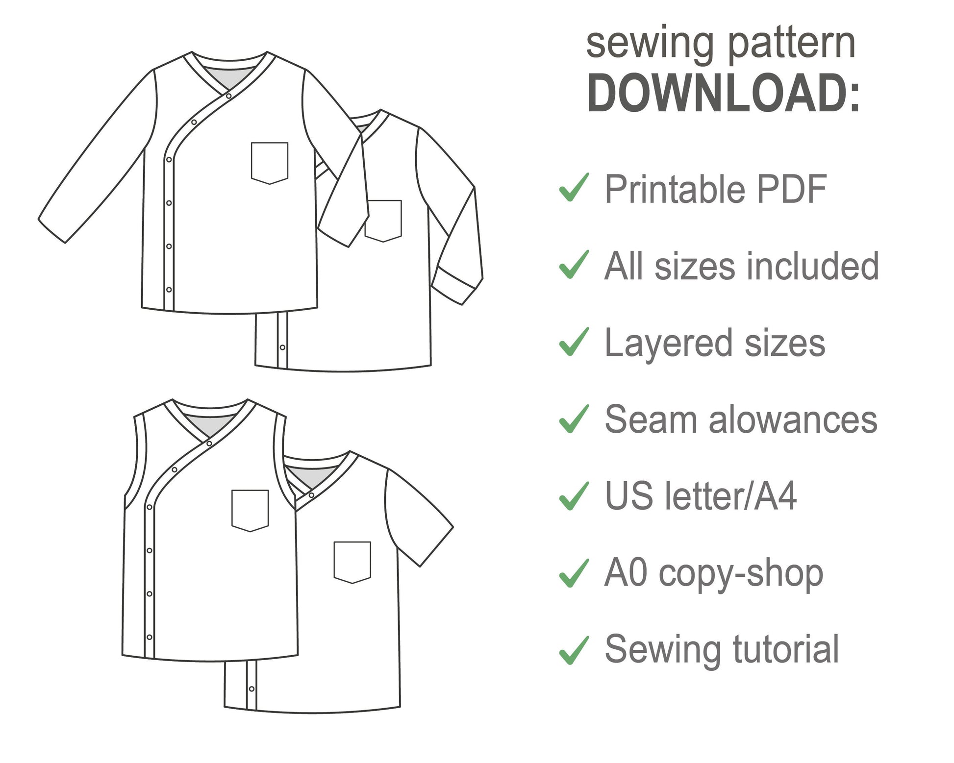 Baby girl or boy wrap t-shirt with 4 sleeve types, long, long cuffed, short sleeve, sleeveless - Baby knit PDF sewing pattern