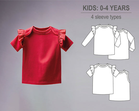Baby girl or boy t-shirt with flutter sleeve ruffle and skirt, long and short sleeve - Baby knit clothes PDF sewing pattern