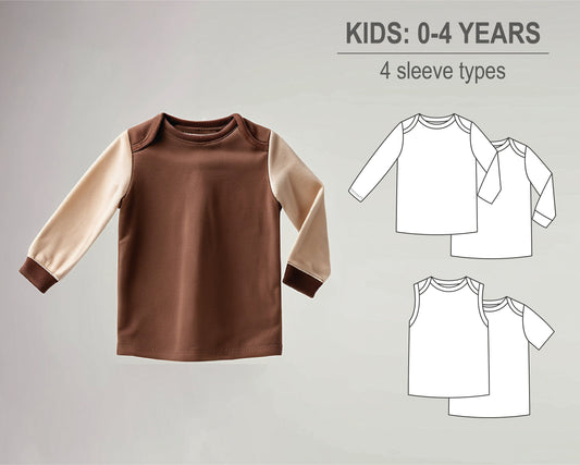 Baby girl or boy t-shirt 4 sleeve types long, long cuffed, short sleeve, sleeveless - Baby knit clothes PDF sewing pattern
