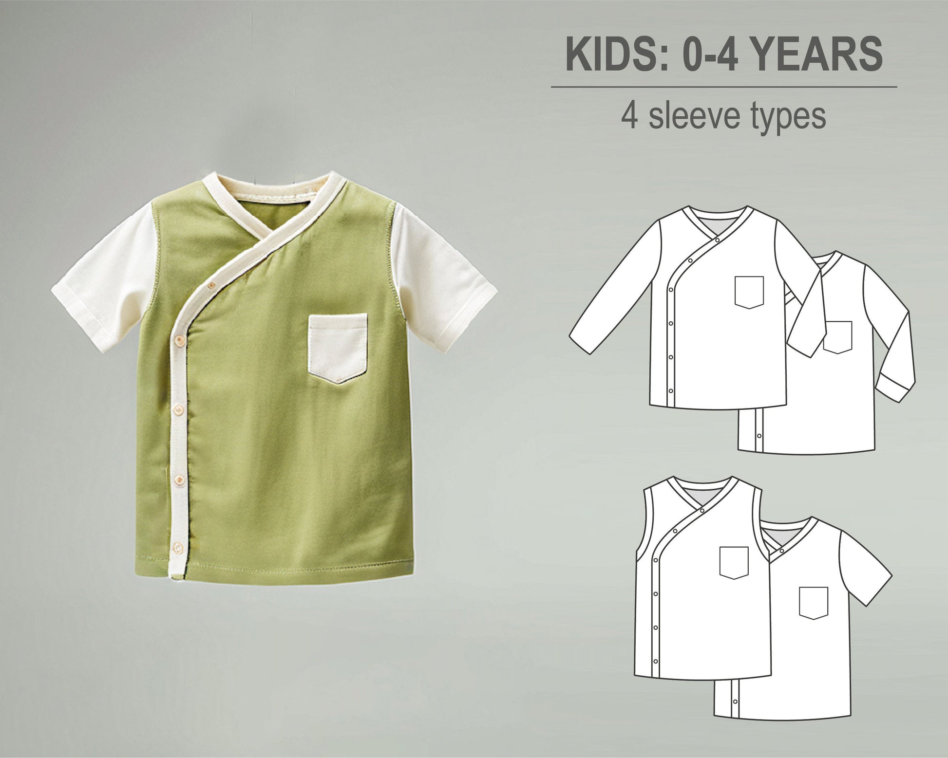 Baby girl or boy wrap t-shirt with 4 sleeve types, long, long cuffed, short sleeve, sleeveless - Baby knit PDF sewing pattern