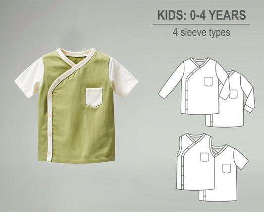 Baby girl or boy wrap t-shirt with 4 sleeve types, long, long cuffed, short sleeve, sleeveless - Baby knit PDF sewing pattern
