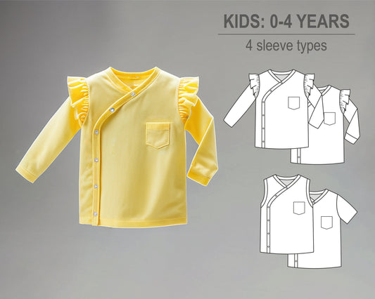 Baby girl or boy wrap t-shirt with flutter sleeve ruffle and skirt, long and short sleeve - Baby knit clothes PDF sewing pattern