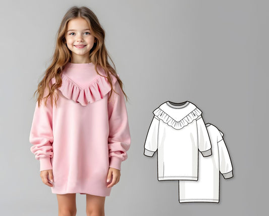 Girls Ruffled Sweatshirt Dress Sewing Pattern, DIY Mini Pullover, Beginner Friendly Loose Fit Casual Outfit for Kids
