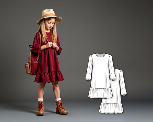 Kids Knee Length Dress Sewing Pattern, Long Puff Sleeve Pullover, Ruffle Hem A-Line PDF for Girls, Simple Beginner DIY