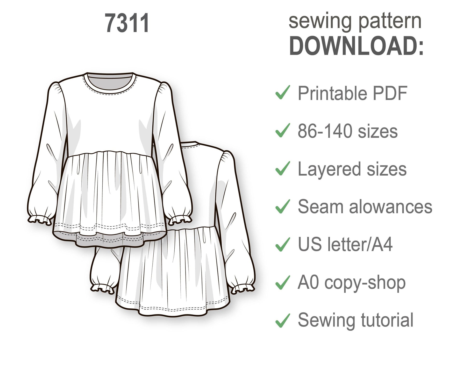 Girls Peplum Top Sewing Pattern PDF, Long Sleeve Tiered T-Shirt with Gathered Waist, Beginner DIY Printable Pattern for Kids