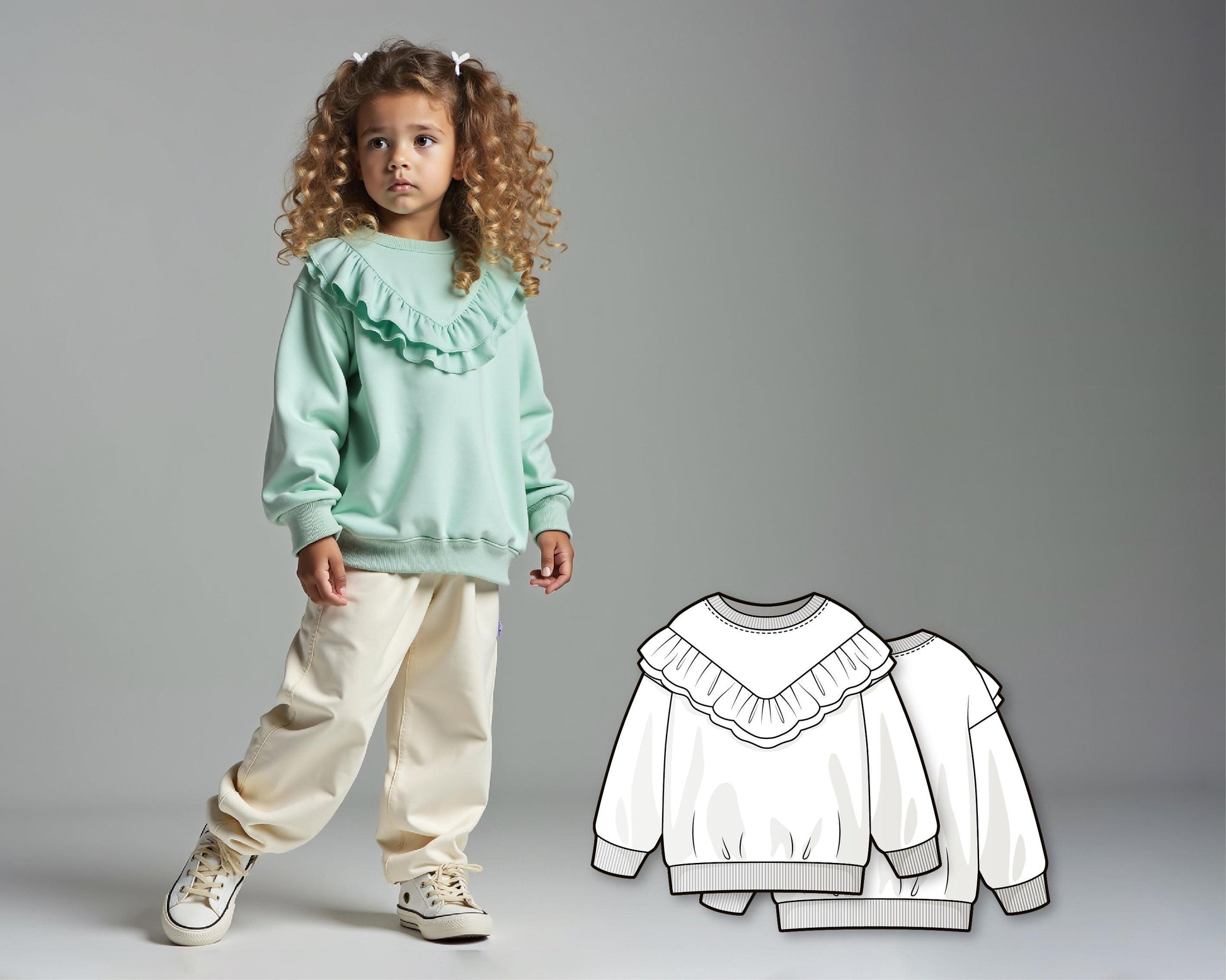 Girls Ruffle Sweatshirt PDF Sewing Pattern, DIY Loose Fit Jumper, Beginner Friendly Printable Pullover for Kids and Toddlers