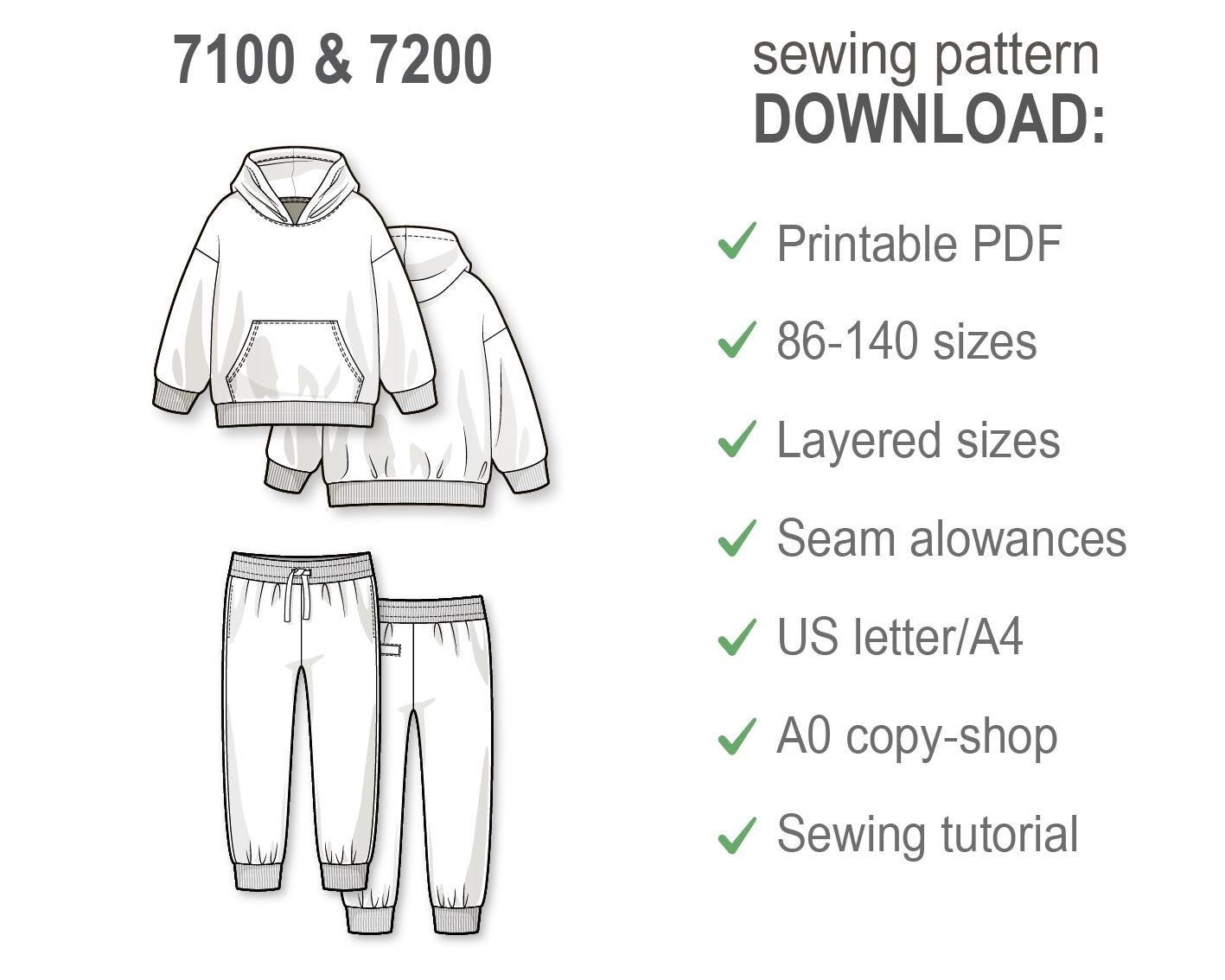 Kids Hoodie and Sweatpants PDF Sewing Pattern, Beginner Tracksuit DIY, Printable Layered PDF for Boys and Girls