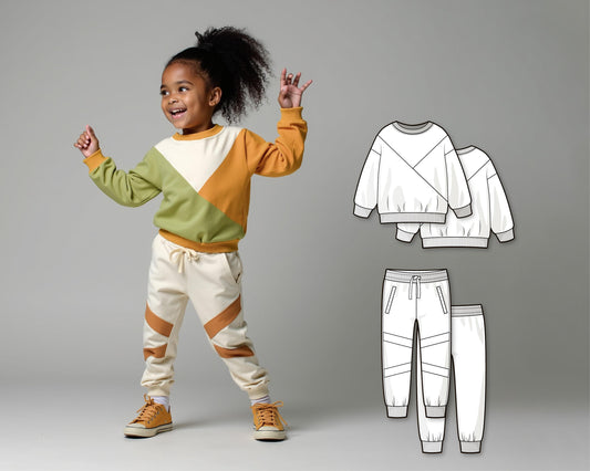 Color Block Tracksuit PDF Sewing Pattern, Beginner DIY Sweatshirt and Track Pants Set for Kids, Toddler Pullover and Sweatpants
