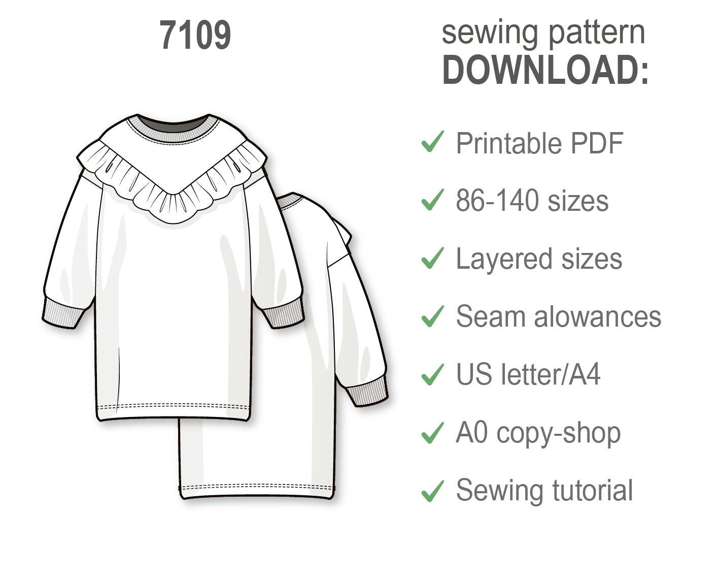 Girls Ruffled Sweatshirt Dress Sewing Pattern, DIY Mini Pullover, Beginner Friendly Loose Fit Casual Outfit for Kids