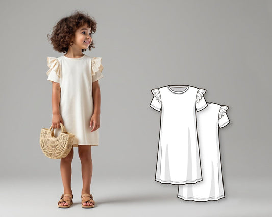 Girls A-Line T-Shirt Dress PDF Sewing Pattern, Short Sleeve Casual Ruffle Dress, Easy DIY Beginner Sewing Pattern for Kids