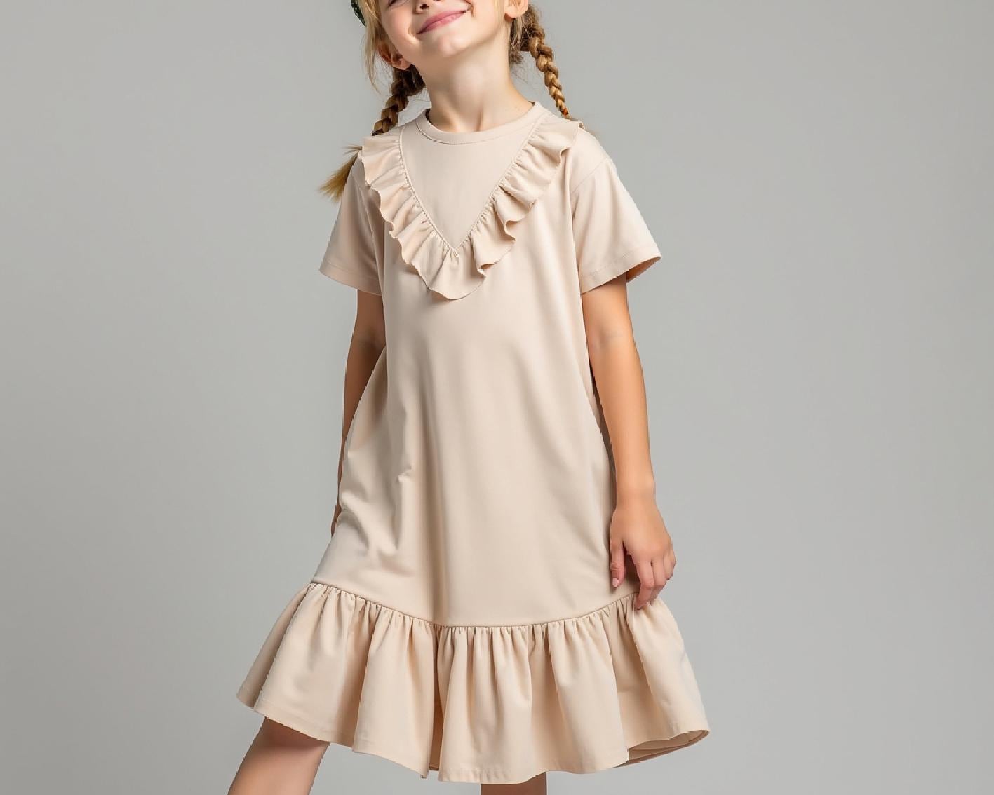 Girls Midi Dress PDF Sewing Pattern, Short Sleeve A-Line T-Shirt Dress with Ruffle Hem and Frill Yoke, Easy DIY Beginner Pattern