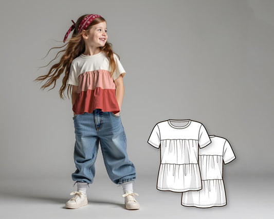 Girls Ruffle T-Shirt Sewing Pattern PDF, Beginner Kids Tee Pattern, Easy Digital Sewing Pattern, Printable T-Shirt for Girls