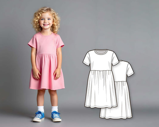 Girls T-Shirt Dress Sewing Pattern, Short Sleeve Gathered Waist Knee Length Dress, Easy DIY Beginner PDF for Kids and Toddlers