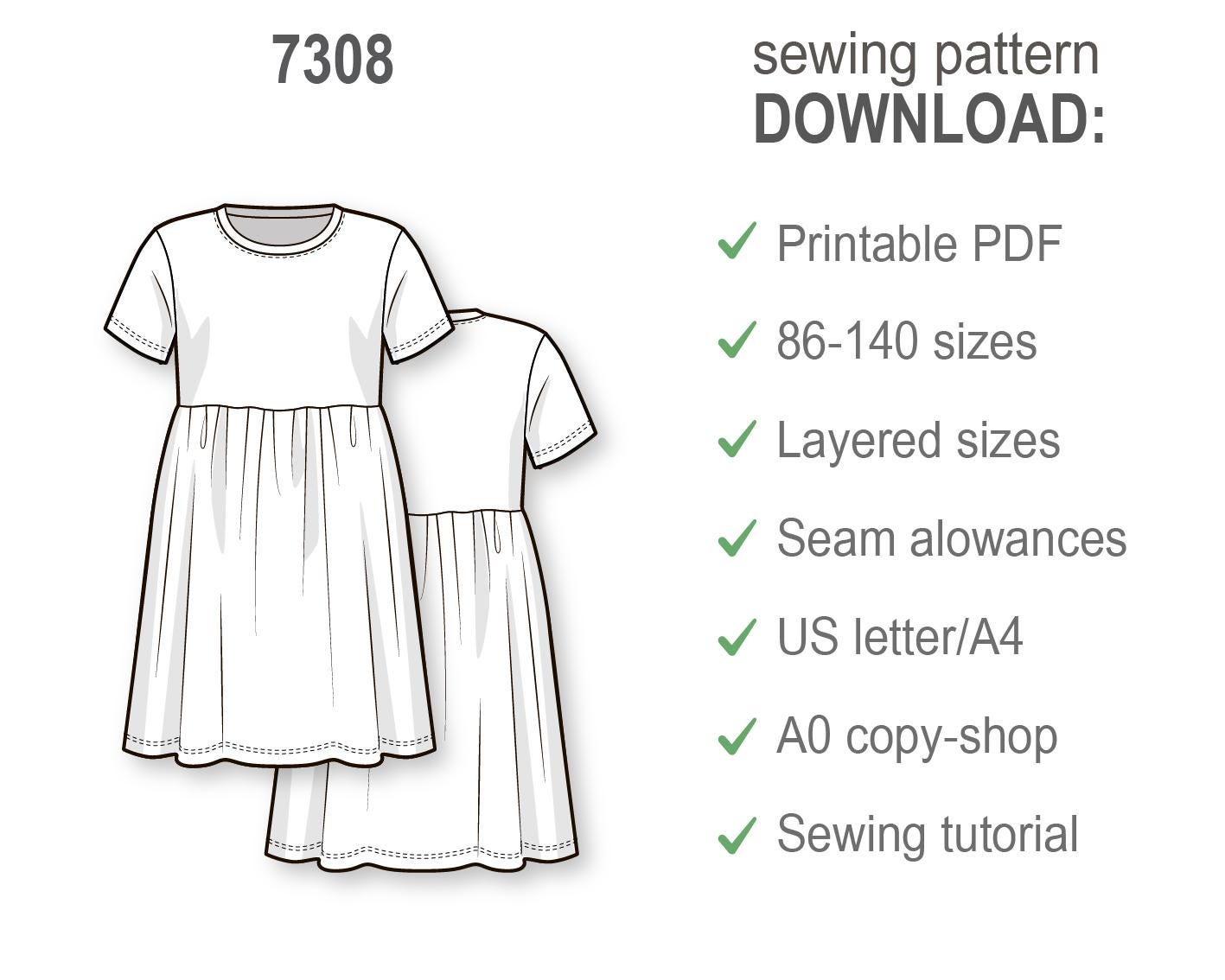 Girls T-Shirt Dress Sewing Pattern, Short Sleeve Gathered Waist Knee Length Dress, Easy DIY Beginner PDF for Kids and Toddlers