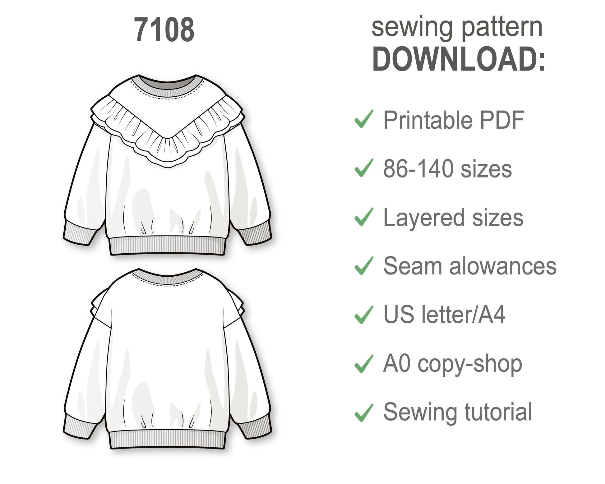 Girls Ruffle Sweatshirt PDF Sewing Pattern, DIY Loose Fit Jumper, Beginner Friendly Printable Pullover for Kids and Toddlers