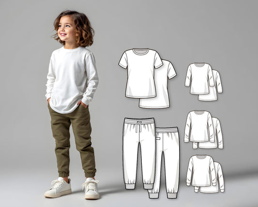 Kids T-Shirt and Sweatpants PDF Sewing Pattern, DIY Lounge Set with Short and Long Sleeves, Beginner-Friendly Layered Printable Pattern