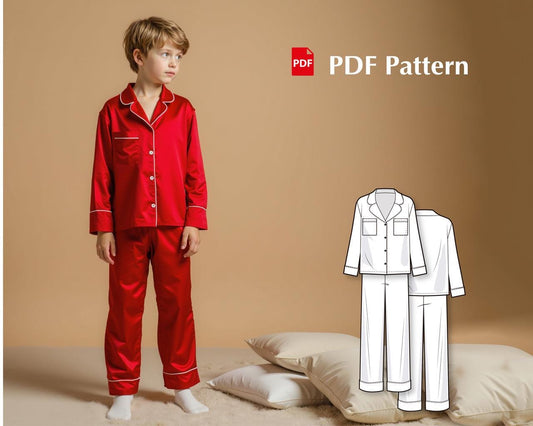 Boys and Girls Button Down Pajama Set Sewing Pattern, PDF Pattern for Woven Pajamas, Flannel Lapel Collar PJ Set, DIY Sleepwear for Kids
