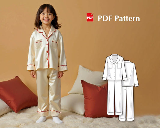 Kids Woven Pajama Sewing Pattern PDF, Button-Down Pajama Set with Lapel Collar, DIY Woven Fabric Pajama for Boys and Girls