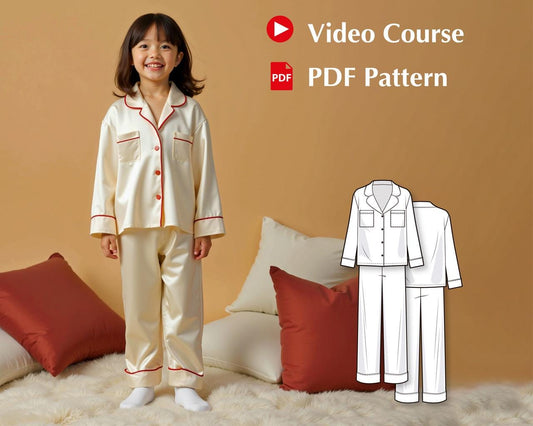 Kids Pajama Sewing Pattern with Video Tutorial, Woven Button-Down PJ Set, Lapel Collar DIY Sleepwear for Boys and Girls, PDF Pattern