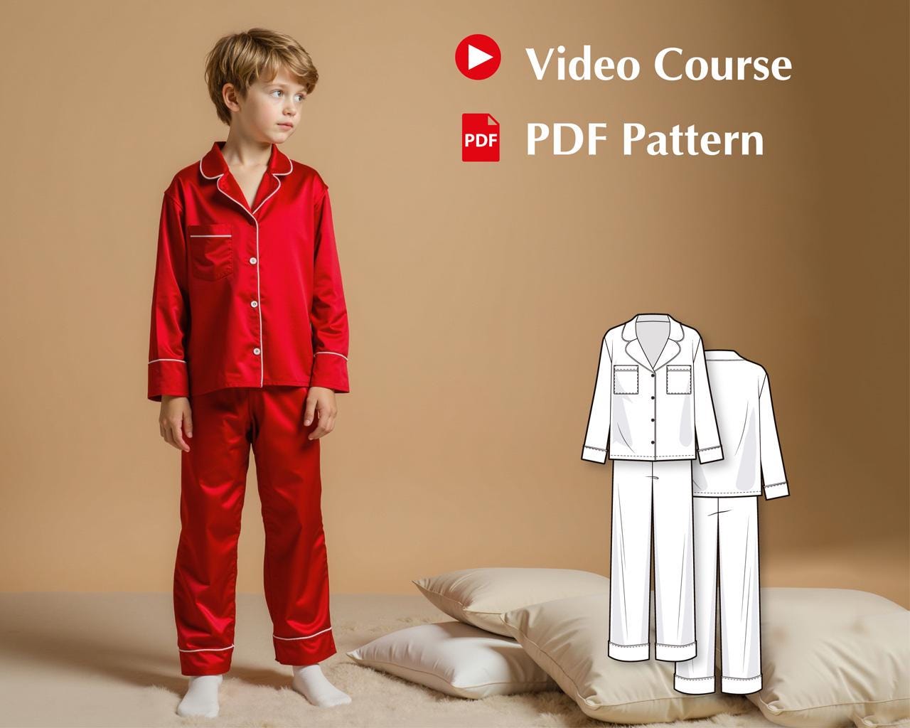 Kids Pajama Sewing Pattern with Video Tutorial, Woven Button-Down PJ Set, Lapel Collar DIY Sleepwear for Boys and Girls, PDF Pattern
