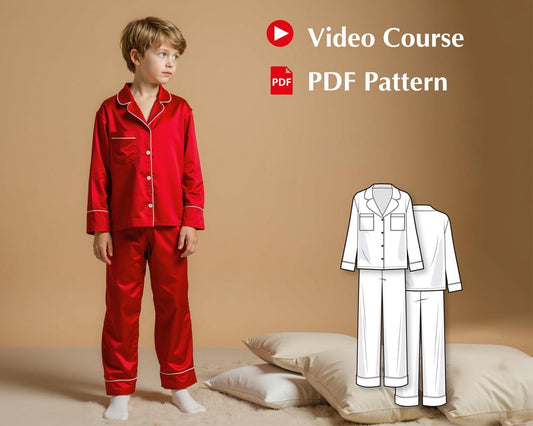 Kids Pajama Sewing Pattern with Video Tutorial, Woven Button-Down PJ Set, Lapel Collar DIY Sleepwear for Boys and Girls, PDF Pattern