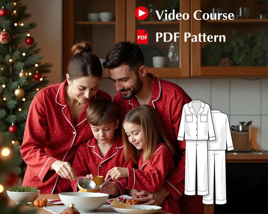 Family Pajama Set Sewing Pattern with Video, PDF Matching Pajamas for Men, Women, and Kids, Classic Button-Down PJs with Lapel Collar