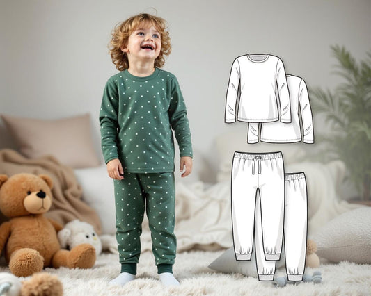 Boys and Girls Knit Pajama Sewing Pattern, DIY Unisex Sleepwear Set PDF, Long Sleeve Top and Pants for Kids, Beginner-Friendly
